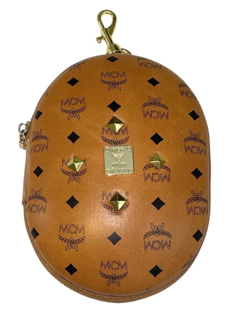MCM Cognac Logo Oval Structured Pouch with Gold Hardware